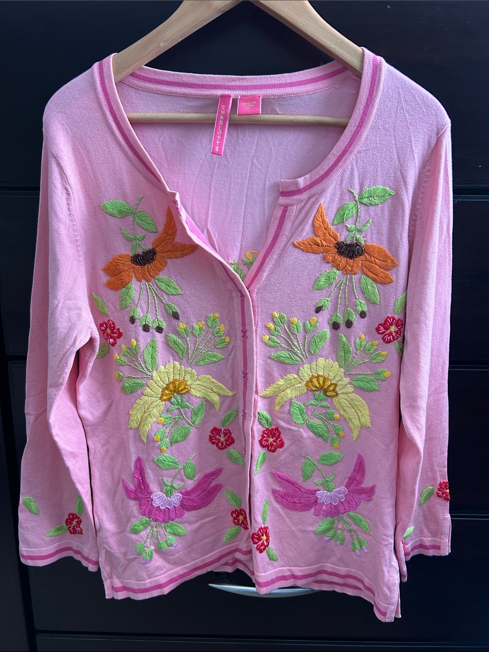 Vintage CHARLOTTE TARANTOLA Pink Embroidered Beaded Cardigan Silk Sweater XL